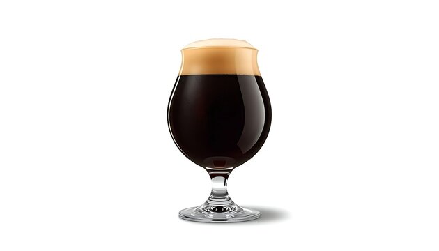 tulip-shaped glass filled with dark brown stout or porter beer, topped with creamy tan foam head, short stem and wide bowl narrowing at the top