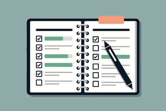 Open spiral notebook with a completed check-box list, green progress bars, and a black pen resting on the page.