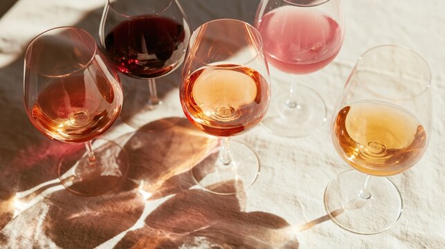 Sunlit red & rose wine in five glasses on textured white cloth