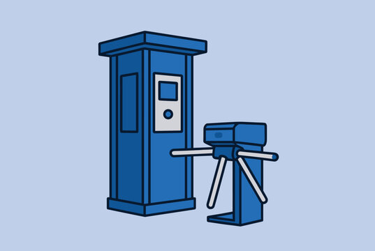 Modern blue subway transit station turnstile gate and ticket reader machine, isolated on a light blue background.