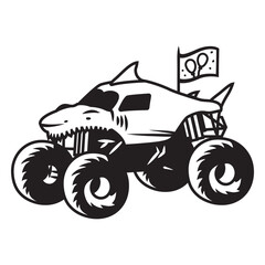 Black and white image of a monster truck with a flag on it © Vexels