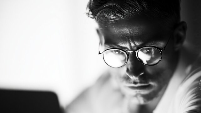 Man with black rimmed glasses slightly bowed, working on his laptop in a minimalist white space