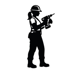 Obraz premium Female construction worker holding drill silhouette. Black flat design vector illustration. Isolated on transparent background