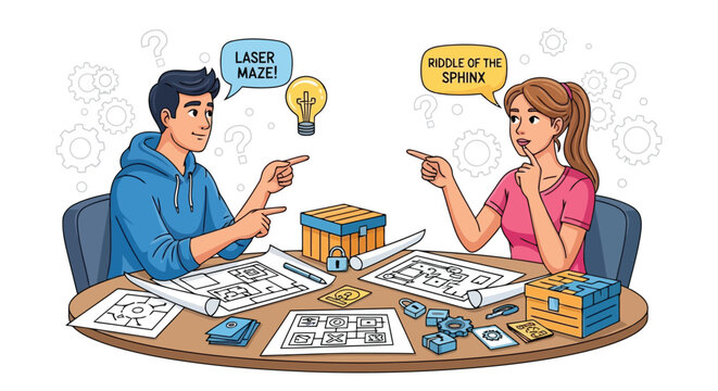 Young man and woman discussing complex puzzle blueprints at a wooden table with game components