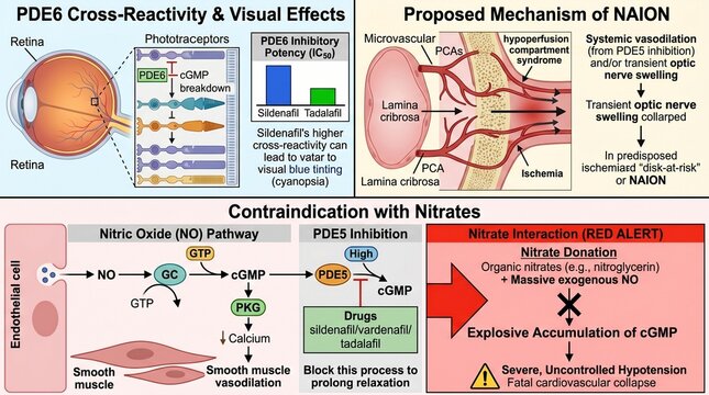 Pharmacology Diagram of PDE5 Cross-Flexibility with Visual Molecular Effects and NANC Pathways Illustration