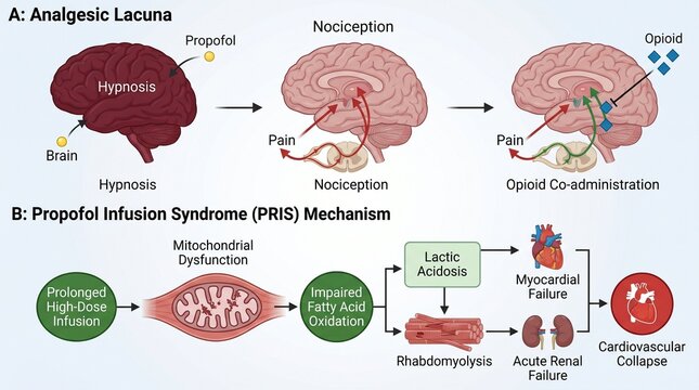 Medical Illustration of Propofol Mechanism and Anesthetic Effects on Brain and Nervous System