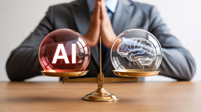 Businessman in a suit using a gold balance scale to compare a human brain with artificial intelligence technology