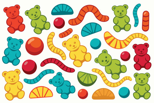 Vibrant flat vector pattern filled with a variety of colorful gummy candies, including gummy bears, worms, fruit slices, and sweet drops.