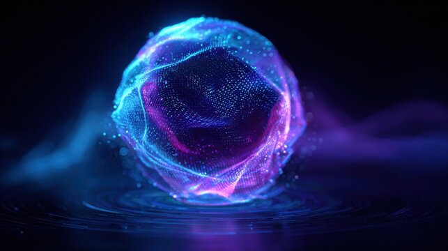 Neon futuristic 3d sphere of blue and purple glowing digital waves and particles. Future technology concept
