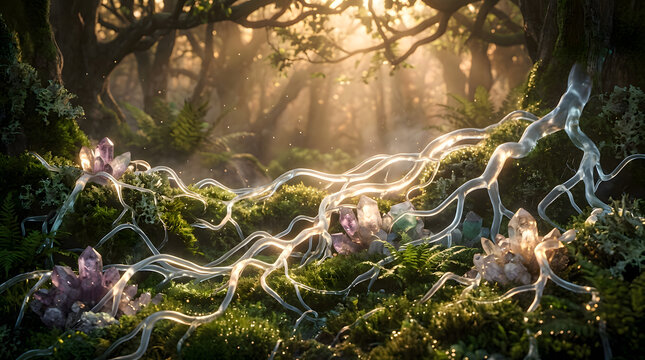 Mystical forest landscape with shimmering crystals and ethereal light effects