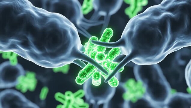 Immune cells gradually surrounding glowing bacteria-like particles inside transparent biological fluid
