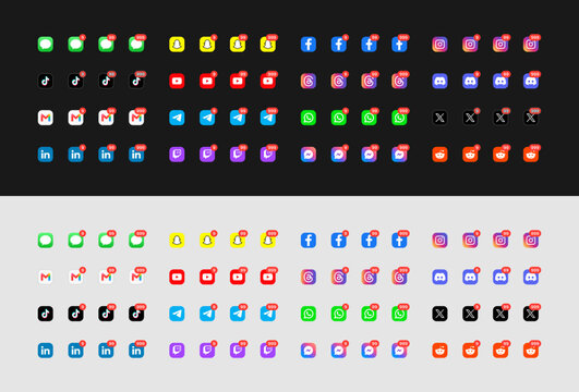 iOS Notification with one, two and three digit indicator on social app logos.