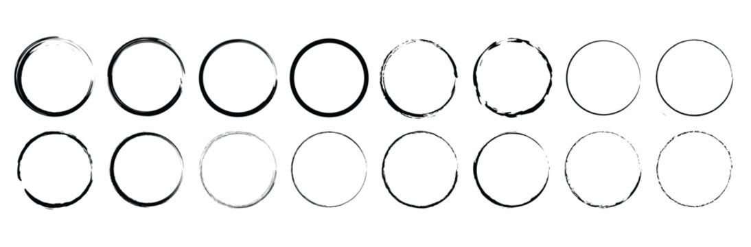 Grunge circles, brush strokes, lines, ink smudges, hand-drawn scribble shapes. Hand drawn circles line sketch set. Grunge round shapes. Grunge banner collection. Vector brush circle.