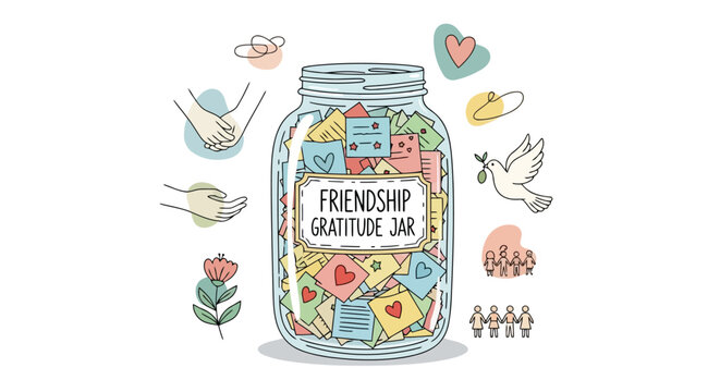 Friendship gratitude jar filled with positive notes and heart icons for emotional wellbeing