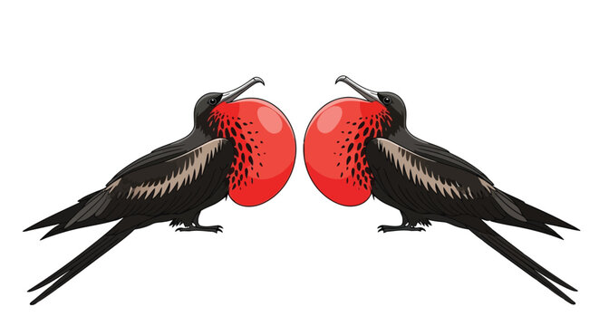 Two great frigatebirds facing each other with inflated red gular pouches in detailed illustration
