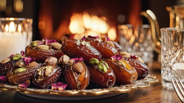 Assortment of stuffed dates on decorative plate with festive ambiance