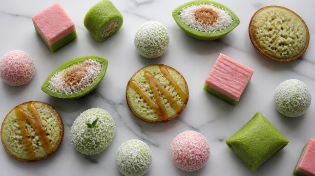A vibrant assortment of colorful Indonesian Jajanan Pasar traditional sweets and cakes arranged artfully on a marble surface, inviting culinary exploration and delight.