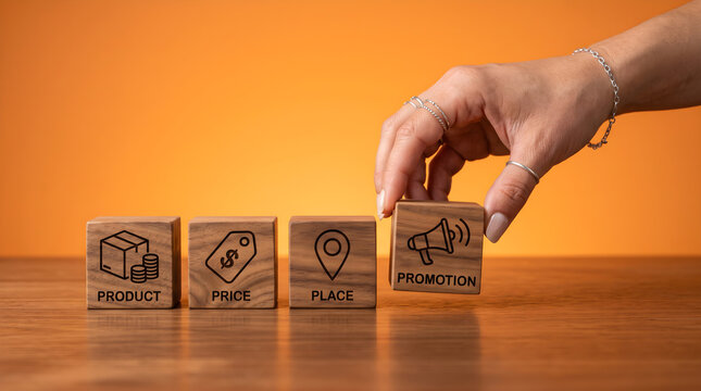 Marketing mix 4 Ps concept with hand arranging wooden cubes for product, price, place, promotion