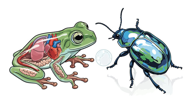 Anatomical frog illustration next to a metallic blue beetle on white background