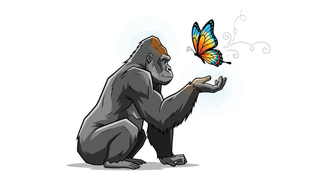 Large silverback gorilla holding out hand to a colorful butterfly vector illustration