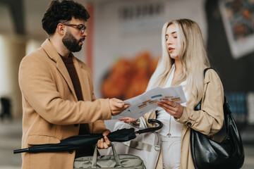 Two business colleagues review travel documents and discuss directions while standing in a...