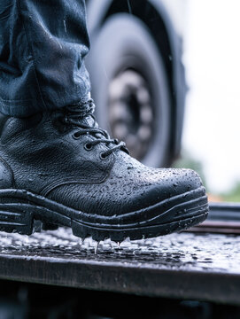 Boot rain wet slip safety truck step leather dark water