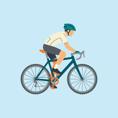 Fototapeta premium A professional cyclist rides a bicycle on a light blue background