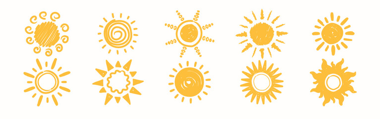 Set of various yellow sun illustrations in abstract doodle style. Childlike hand drawn suns with different rays. Vector collection for summer mood, weather concepts, travel and climate themes. © Loya.art