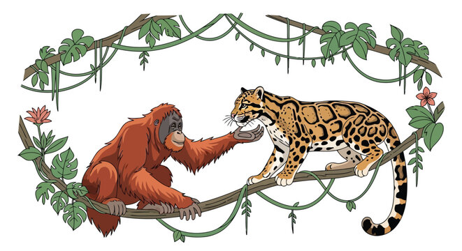 Orangutan and clouded leopard meeting in lush jungle canopy vector illustration