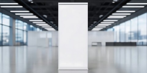 Fototapeta premium Blank white roll up banner stand in modern conference hall with natural light.