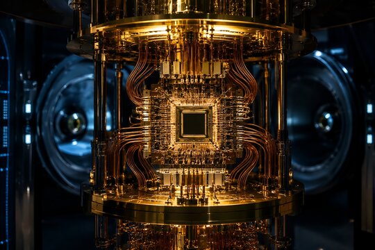 A futuristic golden quantum computer core processor showing complex micro circuitry and copper wiring inside an advanced technology laboratory chamber
