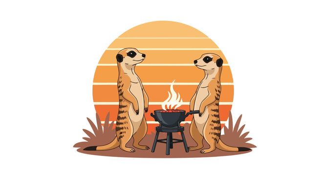 Two cute meerkats cooking food on outdoor grill during golden sunset