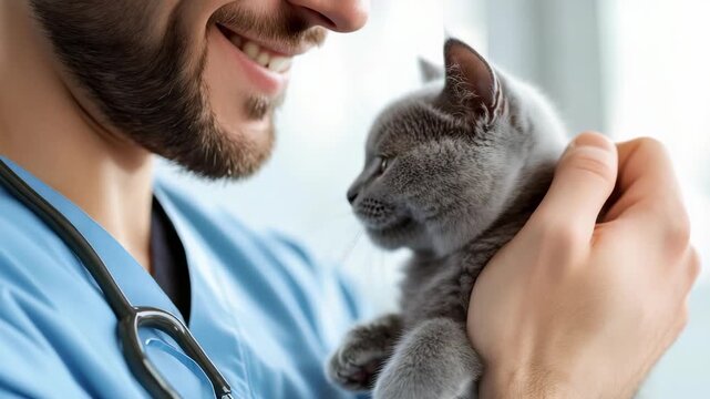 A devoted veterinarian in a modern clinic cradles a fluffy grey kitten, showing the love and empathy vital for providing excellent care and ensuring pets overall health and wellbeing