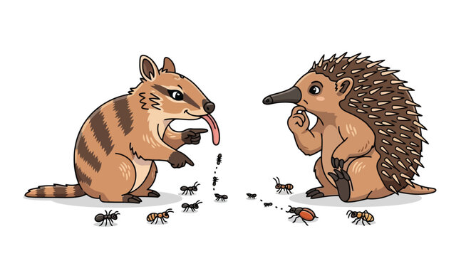 Curious numbat and echidna observing line of ants marching on ground in forest habitat