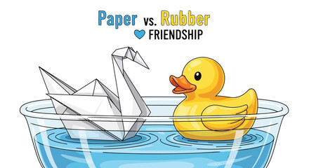Obraz premium Paper crane and rubber duck floating together in water bowl as symbol of unique friendship