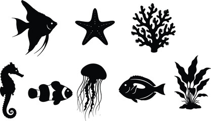 Marine life silhouettes with fish, coral, seahorse, and jellyfishMarine life silhouettes with fish, coral, seahorse, and jellyfish © Mukta