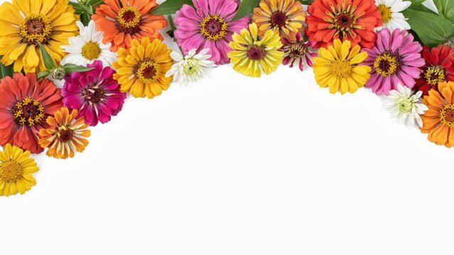 Colorful zinnia and daisy flower border isolated on white background