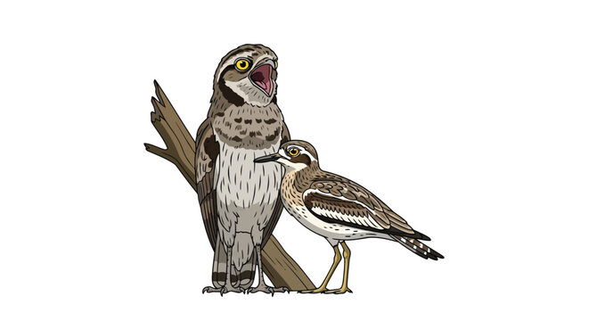 Two thick-knees birds perched on a tree branch with one bird calling out with an open beak