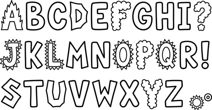 Decorative alphabet set A to Z with creative typography designs, flames, clouds, jagged edges and bold vector illustration