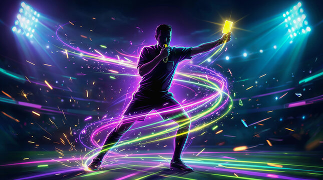 Silhouette of a basketball player dribbling with glowing neon lights and colorful trails in an arena setting