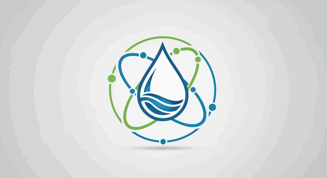 Abstract graphic illustration of a blue water drop within an atomic structure, symbolizing science, chemistry, environment, and sustainability.