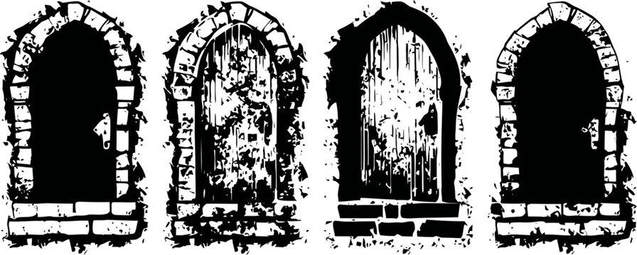Set of four vintage arched wooden doors with stone frames and rustic textures