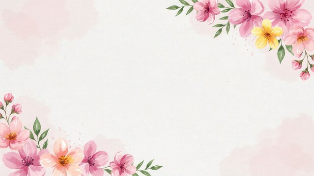 Pink watercolor cherry blossom floral border with yellow flower isolated on white background