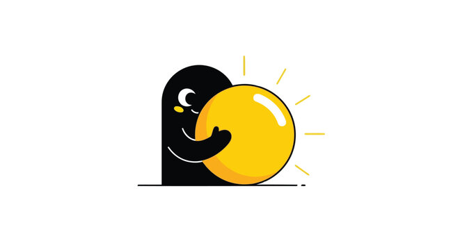 Minimalist black creature hugging a glowing yellow sun sphere on a clean white background