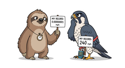 Fototapeta premium Funny cartoon sloth and peregrine falcon comparing speed records in competition