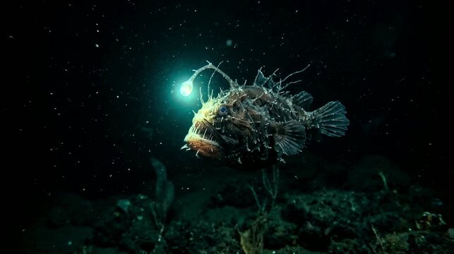 anglerfish with glowing lure light in deep sea underwater ocean video