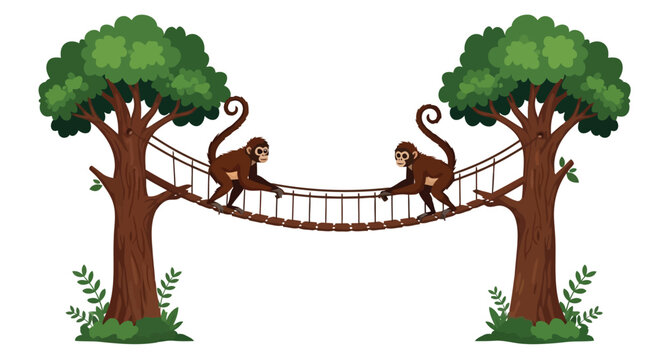 Two brown monkeys walking across wooden rope bridge connected between two tall jungle trees