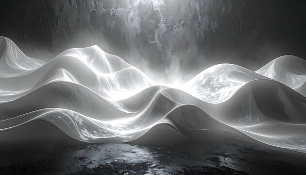 Monochrome abstract liquid waves with glowing light reflections, fluid motion, energy flow, dynamic texture, surreal landscape, dark ambient background