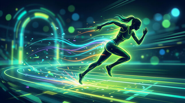 Silhouette of a female runner sprinting on a futuristic neon track with glowing trails and digital archway in background