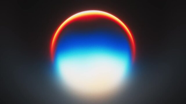 Glowing gradient sphere with blue yellow and red colors as a seamless loop animation, abstract radiant orb background for music video, broadcast and creative content 16:9